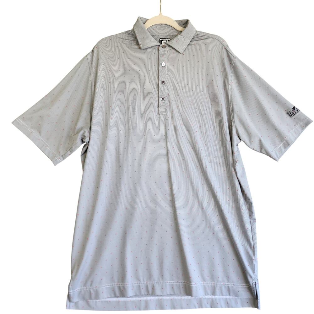 Footjoy Mens Athletic Fit Golf Polo Shirt Size XL‎ Gray Pink Polka Dot Preppy